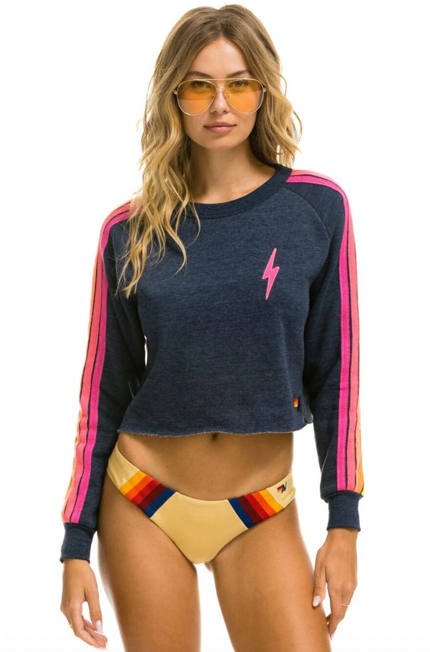 Aviator Nation Bolt Embroidery Cropped Crew Sweatshirt Heather Navy Small EUC